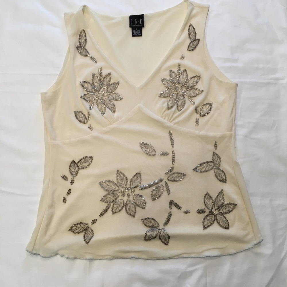INC Cream Colored Sleeveless Top w/ Silver Beading